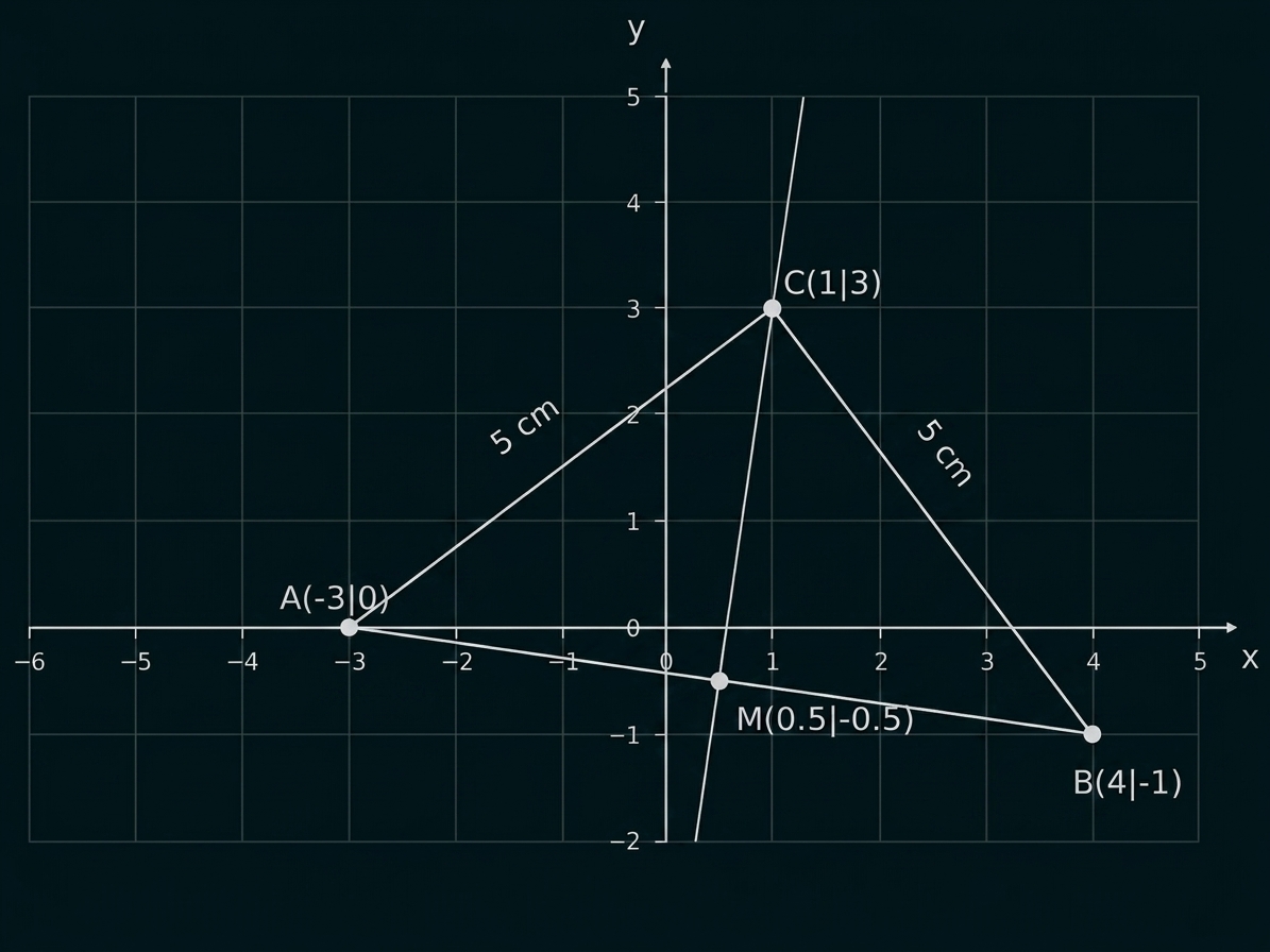 Punktdiagramm mit Koordinatensystem und eingezeichneten Strecken zwischen A, B, C und M.